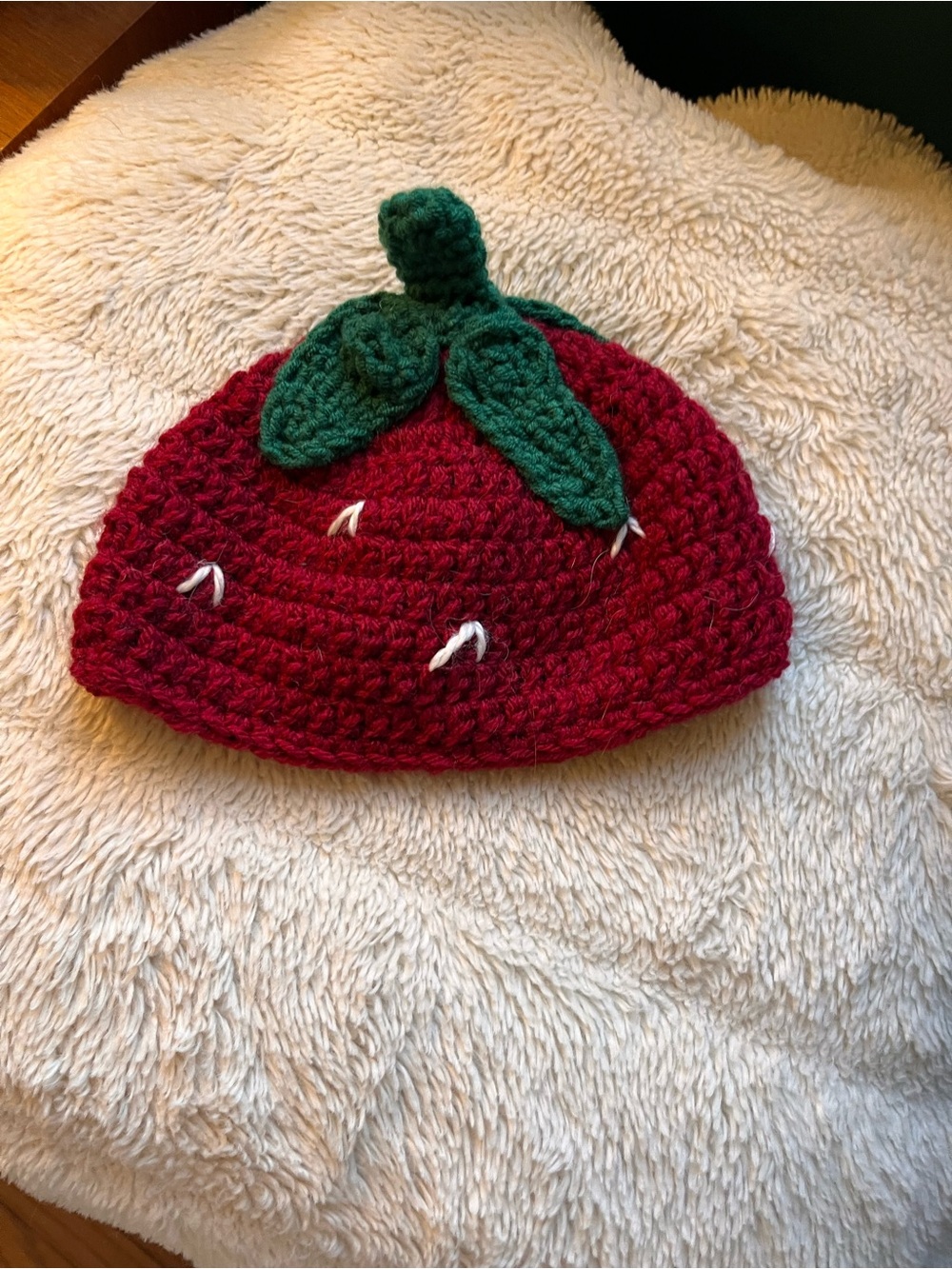 Handmade Red baby Strawberry Crochet Beanie with Green Leaves